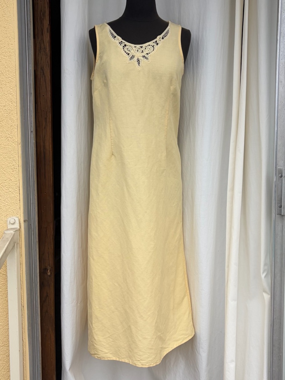 Emma James Yellow Linen Blend Maxi Dress w/ Lace Cutout, Boho Cottagecore